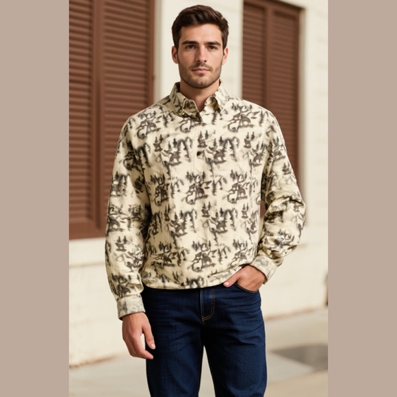 Woolrich Other - Woolrich Wolf Print Heavy Cream Green Brown Long Sleeve Button Down Shirt Men XL